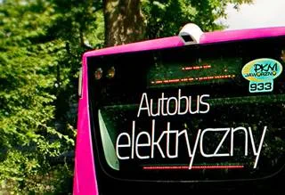 Tył autobusu w kolorze różowym na tle zielonych drzew, na którego czarnej szybie znajduje się napis Autobus elektryczny